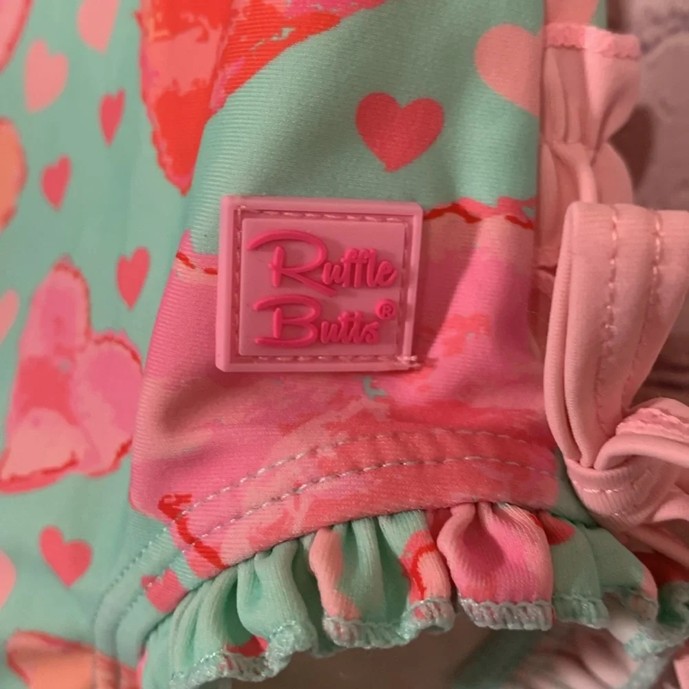 Ruffle Butts Baby Girls Long Sleeve Swim Suit Heart Pink & Blue Size 3-6M Beach